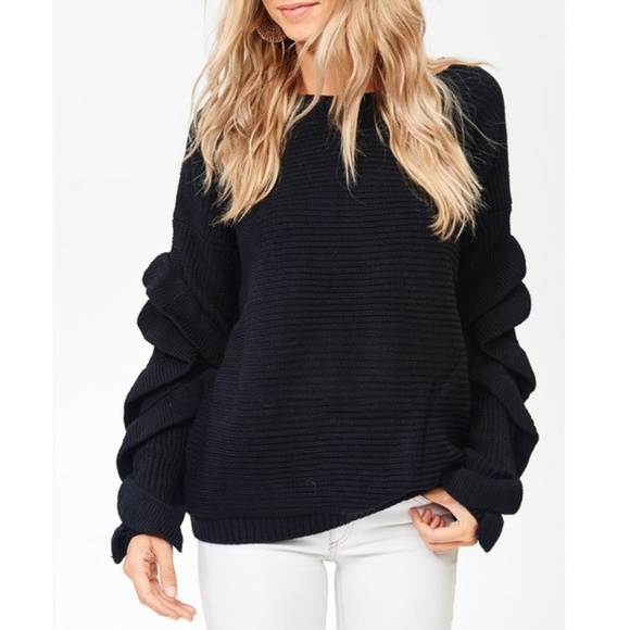 Black Ruffle Sleeve Ribbed Sweater Pullover - Picture 2 of 7